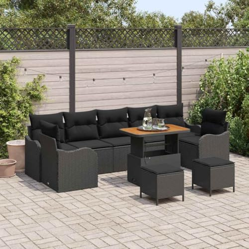 Teenpull Ensemble de canapé de jardin 10 pièces noir en polyrotin et bois d'acacia - Ensemble de salon d'extérieur modulaire pour terrasse, balcon, jardin, piscine, design moderne, grand confort