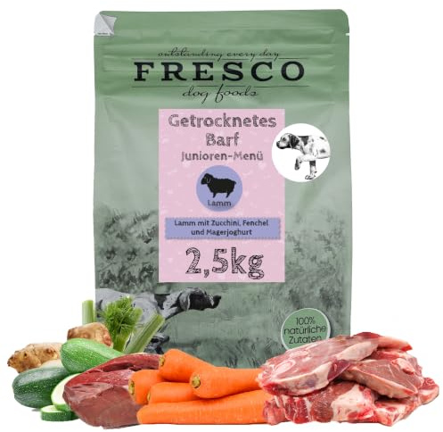 FRESCO Dog TrockenBarf für Hunde Junior Lamm 2,5kg | Für Welpen & Junghunde | Hypoallergen, getreidefrei, 100% frische Zutaten | BARF Hundefutter trocken mit Zucchini, Fenchel und Magerjoghurt