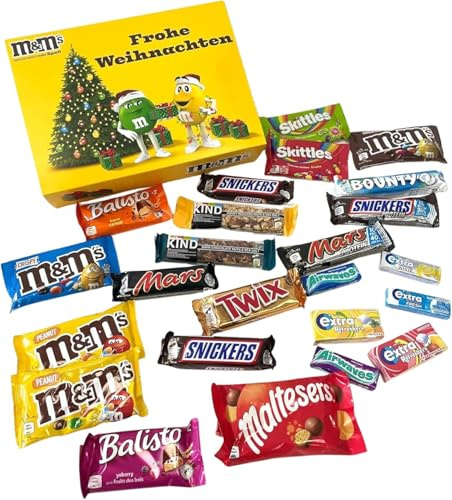 Süßigkeiten Box XXL Frohe Weihnachten mit 24 Snacks I Mars I Snickers I Twix I Bounty I Airwaves I EXTRA I BE-KIND I M&M's uvm. I Schokolade I Kaugummi I Riegel I Geschenkidee