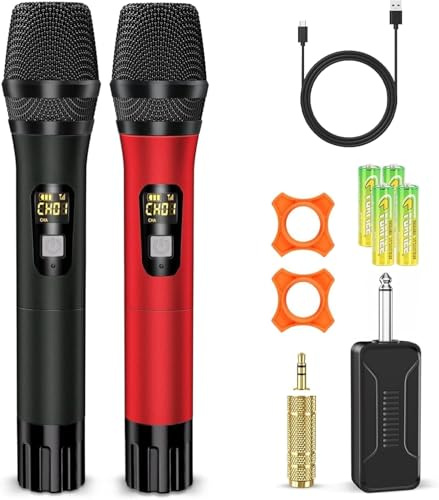 Wireless Microphones, UHF Dynamic Mic System with Rechargeable Receiver | Metal Professional Mic Set, 6.35mm Plug, 160FT Range, for Karaoke Singing Party Wedding Church Public Speaking Speech