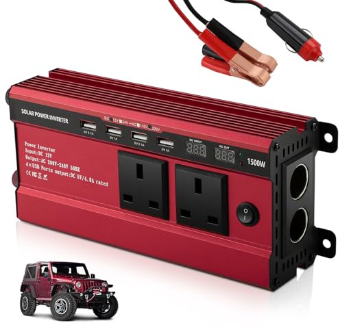 1500W Power Inverter 12V to 240V AC Car Converter, Power Inverter with 3.1A 4 USB & 2 AC Sockets Dual Car Adapter, 2 LED Display, for Travel Camping RV Motorhomes Boat