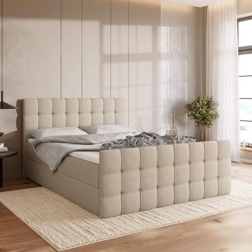 BROMARKT Boxspringbett mit Matratze 140x200 Beige Bett Doppelbett mit Topper Boxbett mit Stauraum Polsterbett mit Bettkasten Kopfteil Härtegrad H3 Detroit Duo
