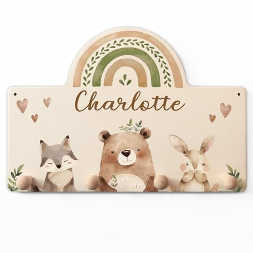 GRAVURZEILE Personalisierte Kindergarderobe - Waldtiere - Personalisiert mit Name - Garderobe aus Holz mit 4 Kleiderhaken für Baby & Kleinkinderzimmer - Geschenk für Mädchen & Jungen