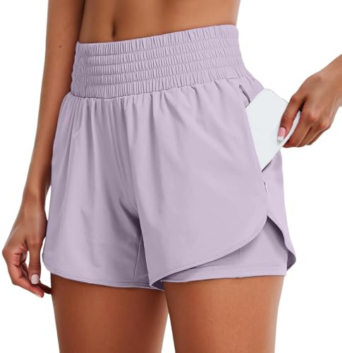 Damen 2 In 1 Laufshorts Running Shorts Beiläufige Elastisch Kurze Hosen Mit Taschen Workout Sportrock Elastischer Bund Mit Innenfutter Schnelltrocknende Shorts