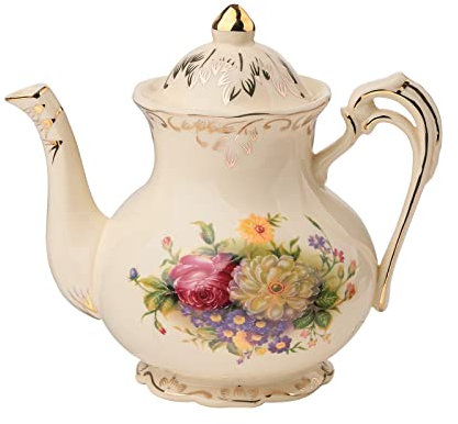 YOLIFE Flower Teapot, 800ml 4 Cup Ceramic Tea Pot, Vintage Floral with Gold Leaves Edge, Gift for Women