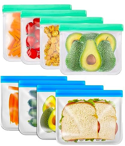 8 Sacs Nourriture en Silicone Sandwich Congélation Réutilisables Stockage Aliments Sacs Alimentaires de Rangement PEVA pour Légumes Lait Collations Viandes