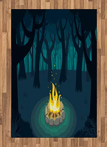 ABAKUHAUS Glücklicher Camper Teppich, Lagerfeuer Woods Nacht, Deko-Teppich Digitaldruck, Färben mit langfristigen Halt, 120 x 180 cm, Dunkel Violet Blue Teal