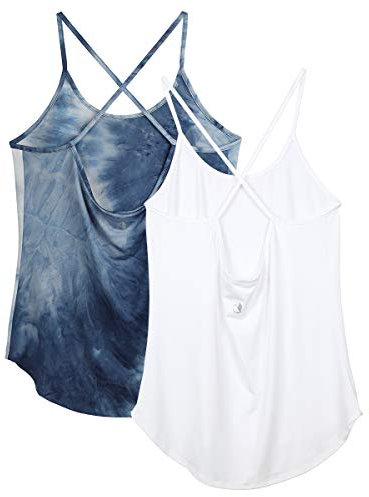 icyzone Damen Sport Shirt Yoga Rückenfrei Träger Top Gym Fitness Oberteile 2er Pack Sport Tank Top (S, Denim/Weiß)