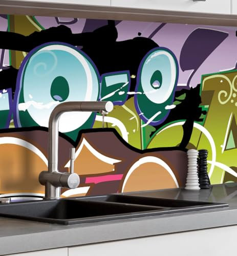 MyMaxxi Küchenrückwand Folie selbstklebend matt - einfache Montage ohne Bohren - Motiv Graffiti 2 60cm hoch - Spritzschutz Küche Klebefolie - Bunt Schrift 280 x 60 cm