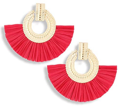 YAZILIND Personality Drop Earrings Geometric Fan-shaped Tassel Pendant Dangle Earring Bohemian Ear Jewelry(Red)