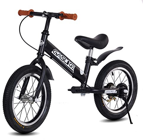 GASLIKE 2 in1 Laufrad für Kinder 2 3 4 5 6 7 Jahre, 14 Zoll Kinderlaufrad mit Bremse, Kinderfahrrad mit Sitz und Lenker Höhenverstellbare, Pedals, Pneumatic Tyres and Side Stand, Bicycle (Black)