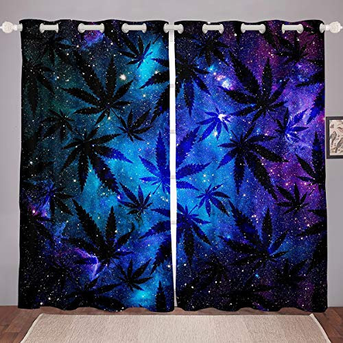 Marihuana Blatt 175x140cm Vorhang 2er Set für Schlafzimmer Galaxis Cannabis Blätter Fenstervorhang Schlafzimmer Wohnzimmer Universum Weltraum Blickdichte Vorhänge Dekor Unkraut Hanf Erwachsene