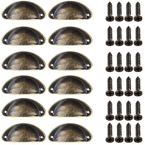 Lxoraziy 12 Pcs Shell Cup Handles, Vintage Half Moon Pull Handles, 64mm Antique Bronze Furniture Knobs, for Cabinet, Cupboard, Dresser, Wardrobe, Drawer, with Screws (Bronze)