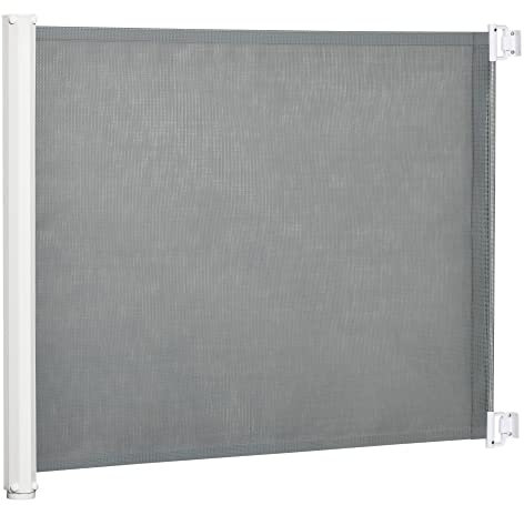 PawHut Barrera para Perros Retráctil Puerta para Perros Extensible Barrera de Seguridad para Mascotas con Ancho Ajustable 5,5-115 cm Función Enrollado Automático y Asa para Escaleras y Puertas Gris