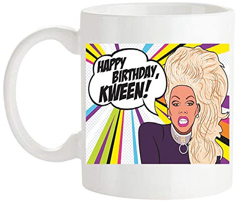 Fonhark Tasse à café inspirée de RuPaul's Drag Race, Happy Birthday Kween! Tasse à café inspirée de la culture pop de la télé-réalité, 325 ml, blanc