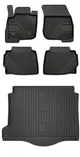 MOTOS Satz Gummifußmatten und Kofferraummatten passend für Ford Mondeo V 2014-2022 Kombi, 24,5 cm zwischen den Mattensteckern, Hybrid (HEV), Kofferraumablage, mit Aussparung auf der linken Seite