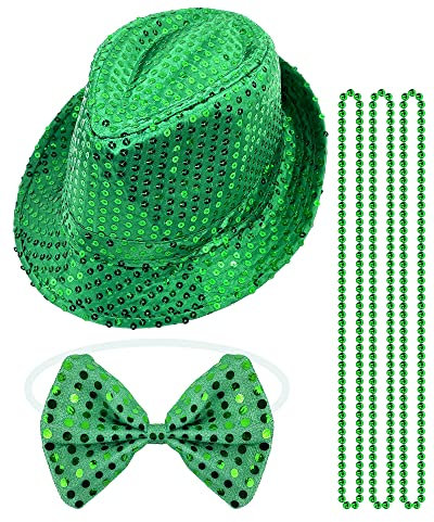 St. Patrick's Day Fedora-Hut Irish Paddy's Day Fancy Cap Westernmode Pailletten Krawatte Schleife und 3 grüne Perlen