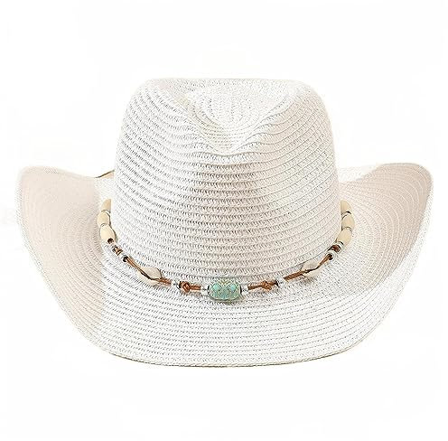 Angxiong Sonnenhut Strohhut Hut Frauen Rosa Quaste Cowboyhut Floppy Strandhüte Sommer Strohhüte Damen Schutzhut Panama Sonnenhut Weiß