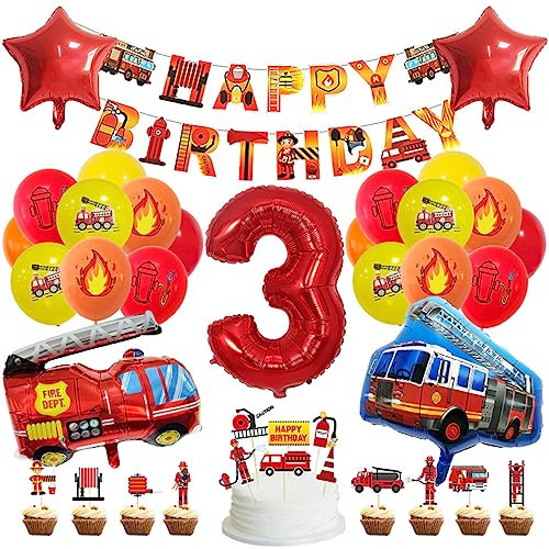 Guoguonb 3 Jahre Feuerwehrauto Geburtstag Party Dekoration Happy Birthday Banner Feuerwehr Bedruckte Ballons Feuerwehr Tortendekoration für Kindergeburtstag 3.Geburtstag Party Dekoration