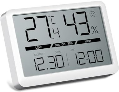 CHEREEKI Thermometre Interieur, Hygrometre Interieur, Thermometre Chambre Bebe avec Horloge, Moniteur de Température et d'Humidité Digital pour Maison, Serre, Bureau, Cave