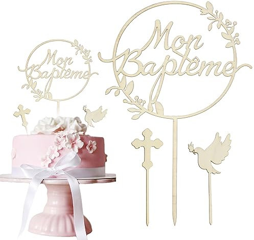 Kryzalite® Taufe Cake Topper Set, aus Holz, Taube, Kranz, Kreuzen - Tortendeko für Jungen und Mädchen, für Schaffen Sie eine Atmosphäre, Party, Babydusche Dekoration