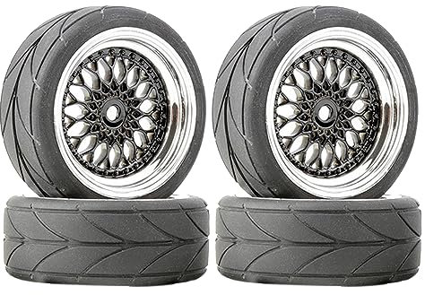 KEEDA RC Auto Reifen und Räder Set, 64mm Gummireifen & 12mm Hex Kunststoff Rad für 1/10 RC On-Road Touring Racing Auto (Silber & Schwarz)