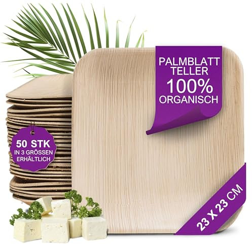 Waipur Bio Palmblatt Teller - 50 Einwegteller eckig 23x23 cm - Premium Einweggeschirr kompostierbar - Umweltfreundliche Party-Teller - ähnl. Einweg Bambus Geschirr