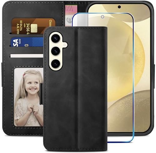 YATWIN Handyhülle Kompatibel mit Samsung Galaxy S24 5G Hülle +1 Stück Panzerglas Schutzfolie, Klapphülle Samsung S24 Premium Leder Brieftasche Schutzhülle [Kartenfach][Stand] Handytasche Case Schwarz