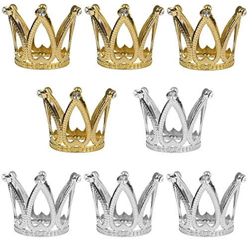 8pcs Gold & Silver Mini Crown Princess Crown Cake Decorations with Rhinestone Birthday Cake Topper Tiaras for Cake Party Favors Baby Shower Birthday