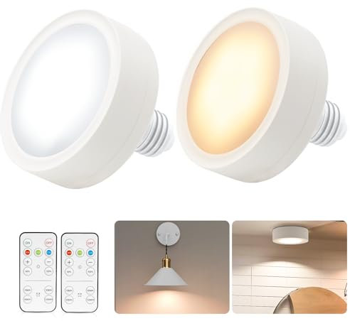 AIBOO Bombillas LED a pilas para lámpara de pared interior, E27 y placa de hierro, mando a distancia y control táctil, CCT, para salón, dormitorio, escalera, pasillo, inalámbrica, 2 unidades