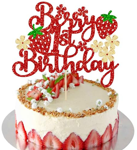 Ephlyn 1 pieza de decoración para tarta de primer cumpleaños con purpurina y diseño de frutas dulces para primer cumpleaños, fresa, una púa para tarta de temática de fresas, baby shower, niños,