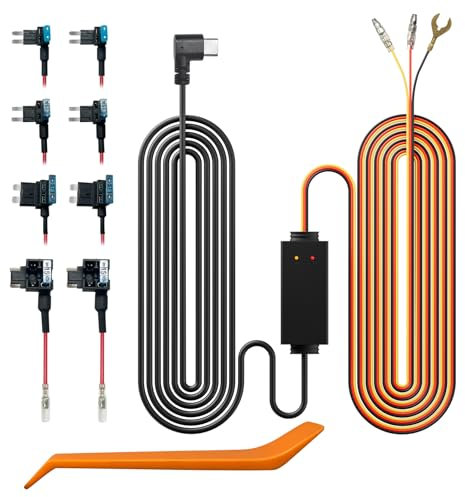 Kit di Cablaggio Multidimensionale per Dashcam REDTIGER con Doppio Indicatore Luminoso, Connessione di Alimentazione USB-C, Inclusi 4 tipi di Adattatori per Fusibili, Monitoraggio del Parcheggio 24 or