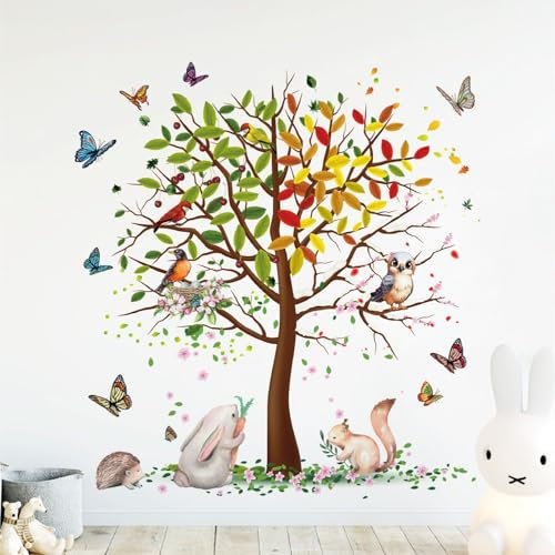 Wandtattoo Vögel auf Baum Vier Jahreszeiten - Wandaufkleber Frühling Sommer Herbst Winter - Wandsticker Vinyl Selbstklebend XXL für Schlafzimmer Wohnzimmer Kinderzimmer Große 116X123cm