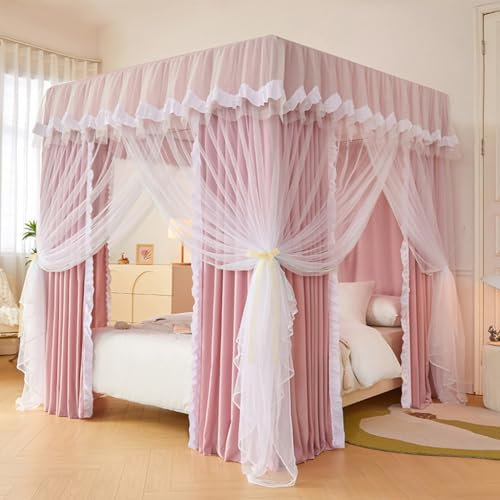 Moustiquaire princesse pour chambre de filles et d'adultes, décoration de chambre à coucher, filet double couche avec volants et 3 ouvertures, couleur rose unie, convient aux lits Queen Size