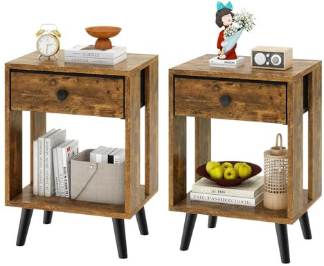 YMYNY Nachttisch 2er Set, Beistelltisch, Nachtkommode, Stoff-Schubladen und offenes Fach, Massivholz Beinen, Modern, Einfacher Aufbau, für Schlafzimmer Wohnzimmer, Rustikales Braun HST012H-2