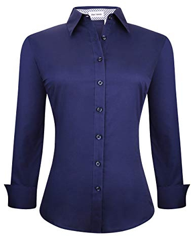 Alex Vando Womens Dress Shirts Wrinkle Free Regular Fit Long Sleeve Stretch Work Shirt, Navy, 3XL