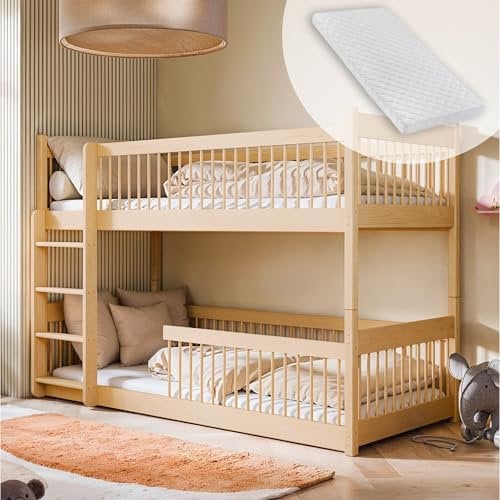 Hochbett Kinder Etagenbett Kinderbett | Massiv Kiefernholz abgerundete Kanten, umbaubar zu 2 Betten, inkl. 2 Matratzen | Größen: 80x180, 90x190, 90x200 cm | 90x200 cm von 4. bis 18. Lebensjahr | Natur