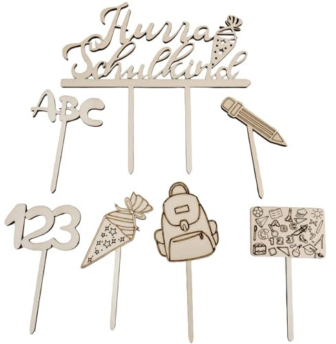 Tortendeko, 7 STK Holz Kuchendeko Schulanfang, Hurra Schulkind Tortendeko Einschulung, Cake Topper Einschulung, Schuleinführung Party Deko für Mädchen Junge