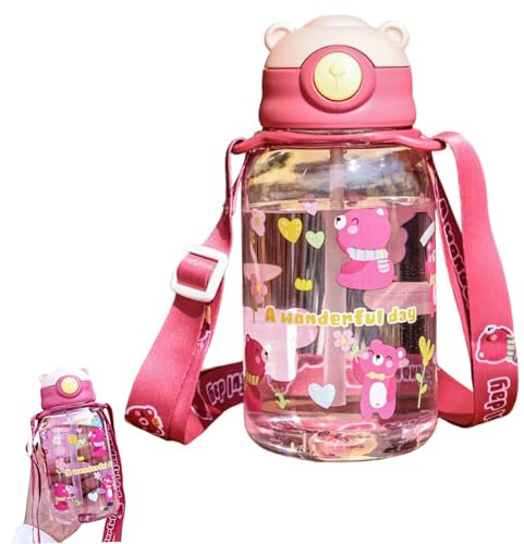 Bouteille d'eau kawaii, 650 ml de bouteilles d'eau mignonne d'ours avec paille et sangle, tasses de consommation de bpa sans fuite portables pour les enfants filles sportives de camping de randonnée