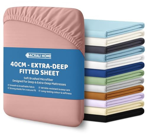 ACRALI HOME Microfiber Super King Fitted Sheet 40cm Extra Deep Fit Pocket - Breathable, Soft & Easy Care Blush Bed Sheet - Wrinkle Free & Fade Resistant (200x180cm)