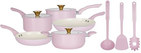 M MELENTA Pots and Pans Set Non Stick, 11 Piece Ceramic Induction Hob Pan Set, Non Toxic Cookware Set with Frying Pans, Saucepan Set, 100% PFOA Free, Pink
