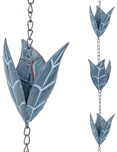 2.6m Cadena de Lluvia para Canalones, Cadena Meteorológica Retro en Forma de Hoja de Hierro Azul, Cadena Decorativa de Drenaje de Lluvia para Canalones para Colgar en Balcones, Tejados, Jardines