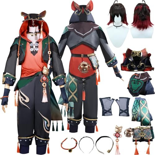 Tjlmomo Anime Gaming Cosplay Uniform Kostüm Spiel Genshin Impact Cosplay Outfits mit Perücke Rolle Ifa Uniform Rock Verkleidung Halloween Karneval Party Kleidung Zubehör Komplettset für Männer