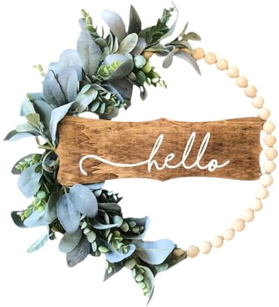 Oshhni Künstlicher Blumenkranz aus Holzperlen, Boho-Wanddekoration, grüner Kranz für die Haustür