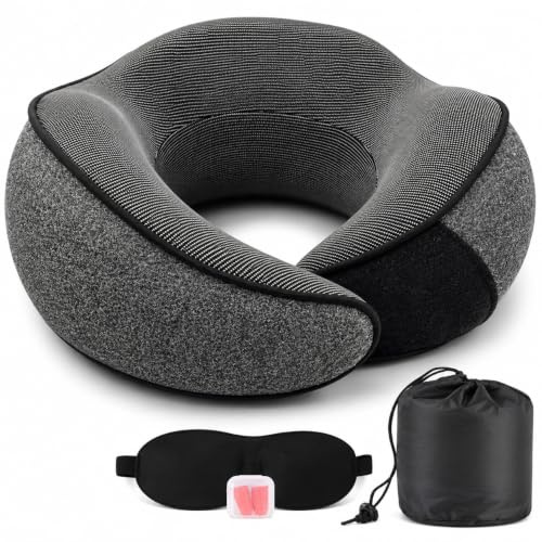 Memory Foam Travel Neck Pillow, 360° Ergonomic Neck & Chin Support Pillow with Adjustable Fastening, Compact Travel Pillow Set with Eye Mask, Earplugs and Storage Bag for Flights, Car and Office