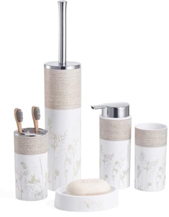 BM Set di Accessori da Bagno in Plastica, Set Accessori Bagno Completo 5 Pezzi, Dispenser, Portaspazzolino, Bicchiere, Portasaponetta, Portascopino