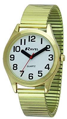 Ravel - Unisex-Uhr mit superflachem Sichthilfe-Edelstahl-Expanderarmband mit großen Zahlen und Zeigern - goldfarbenes/weißes Zifferblatt