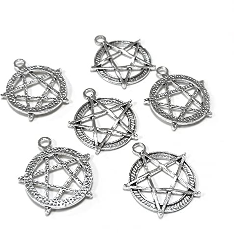 Metal Alloy Pentagram Pentacle Pendants Antique Silver 31mm Pack of 6
