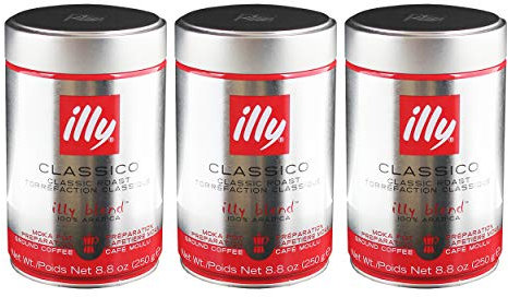 Illy Moka, caffè arabica 100%, caffè tostato macinato, per espresso, tostatura normale, in barattolo, 3 x 250 g