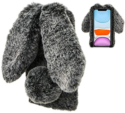 Schutzhülle für iPhone 11 6,1 Zoll (16,1 cm), Kaninchen, Plüsch, niedlich, Kawaii, 3D, Kaninchen, Ohr, Schutzhülle, Winter, warm, weich, Silikon, stoßfest, staubdicht, für iPhone 11, Schwarz